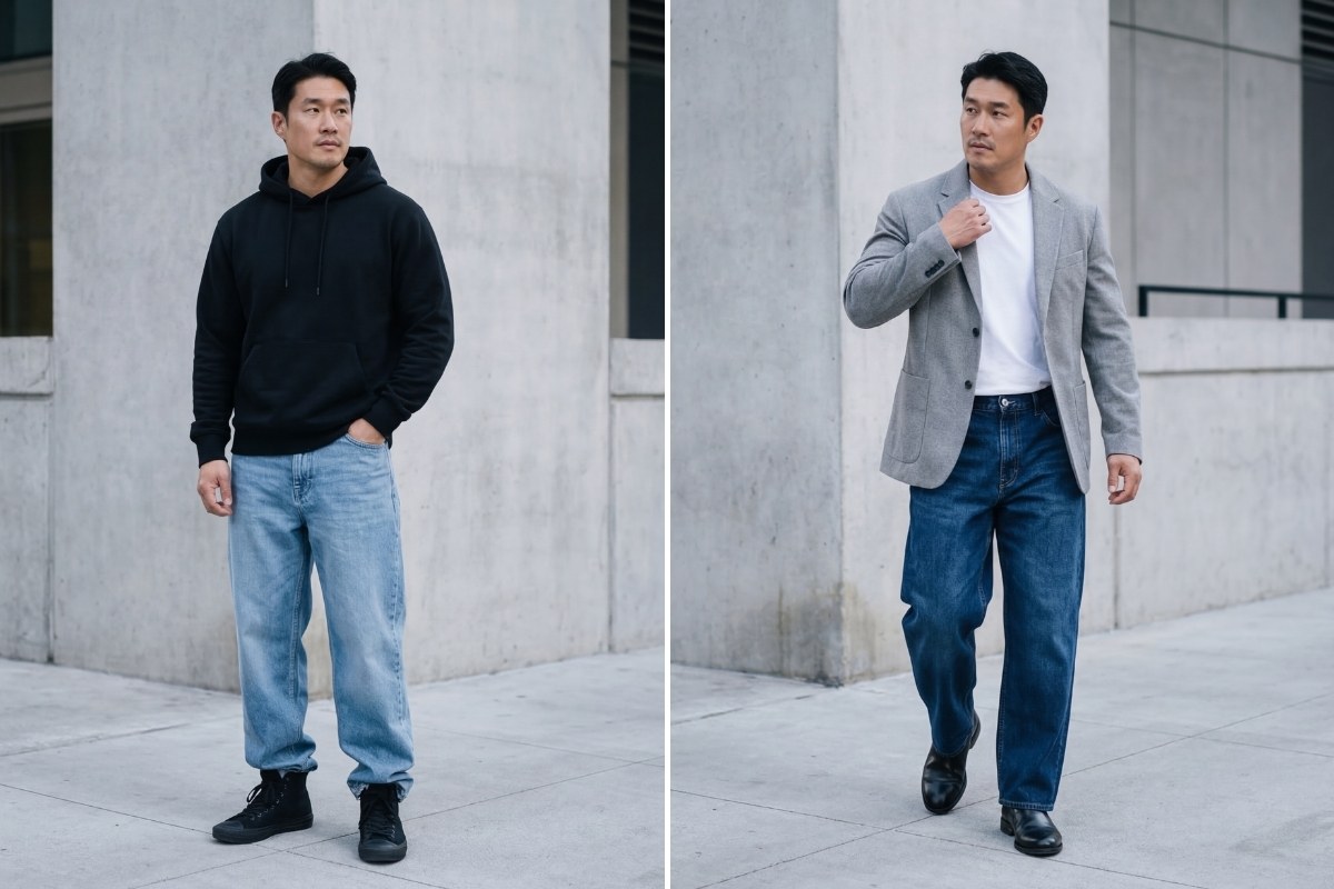 Phối đồ quần jeans ống rộng với áo hoodie