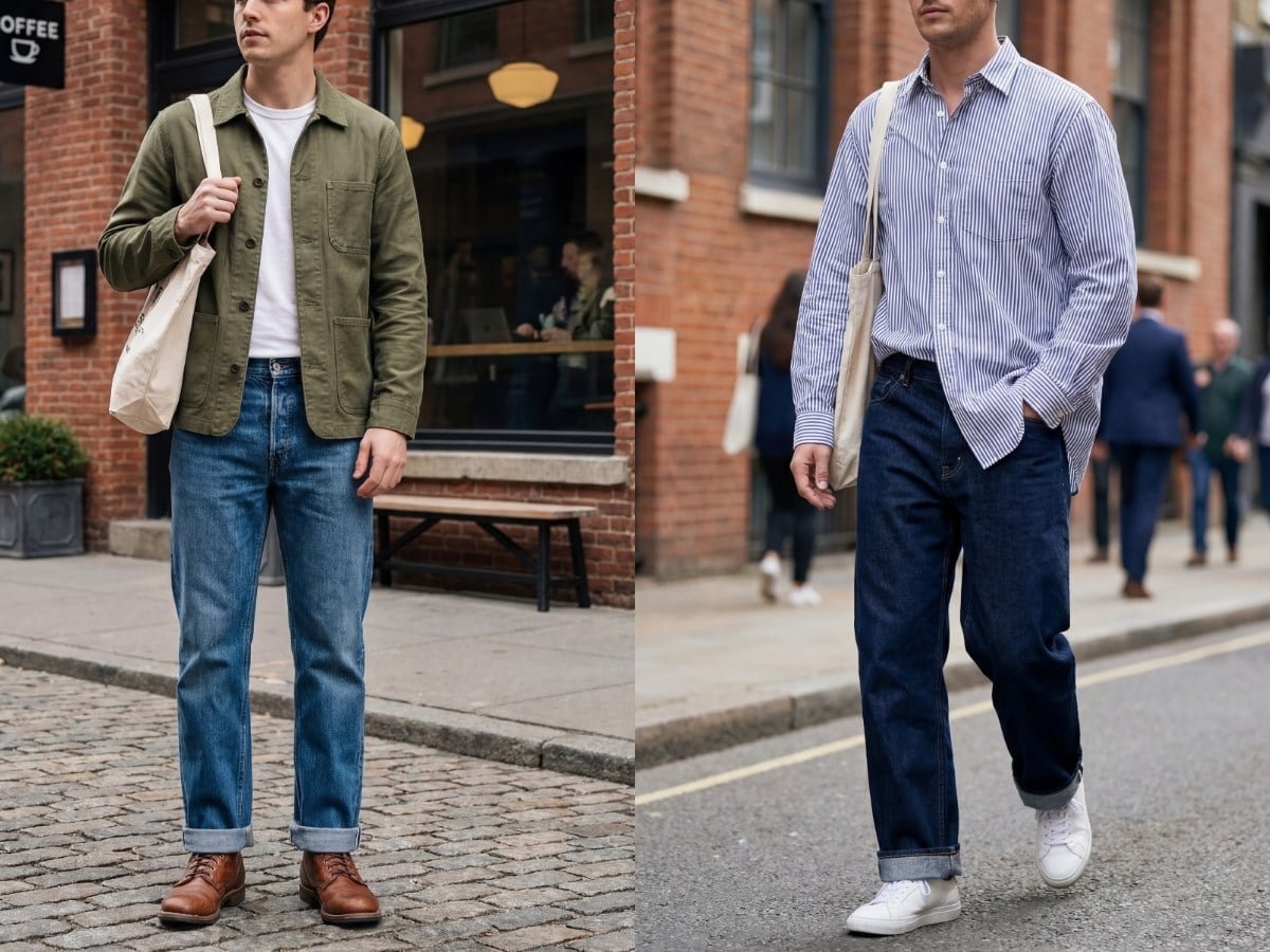 Phối quần jeans ống rộng với áo sơ mi