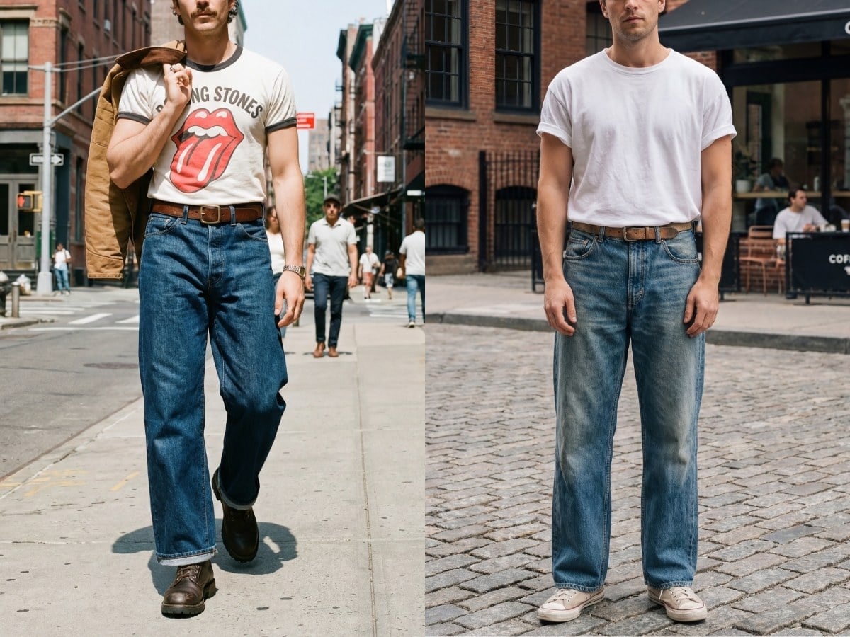 Phối quần jeans ống rộng với áo thun