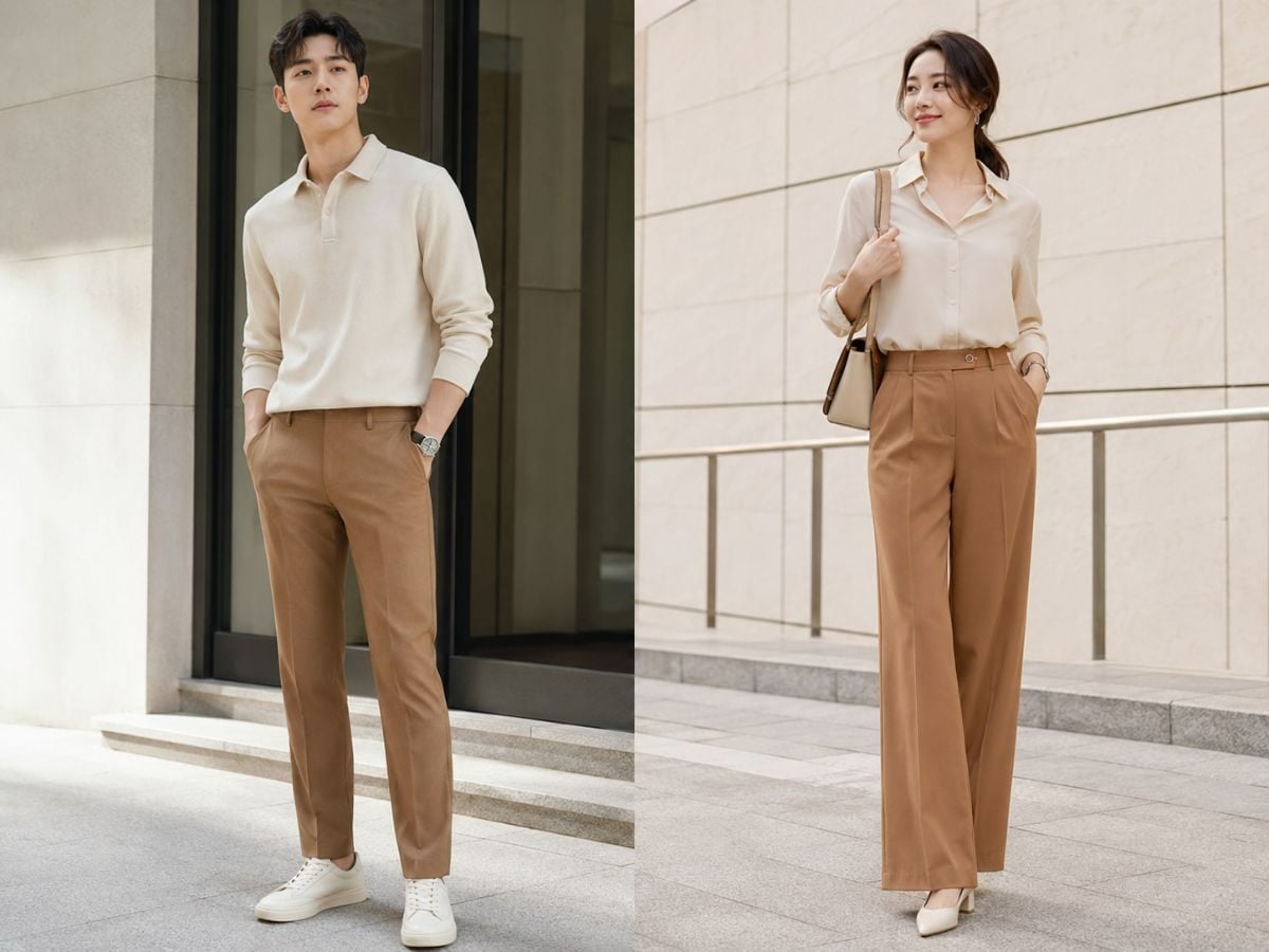 Áo màu be phối quần kem tone on tone thanh lịch