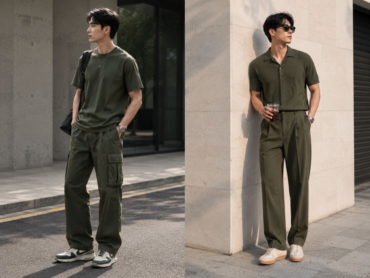 Phối tone-sur-tone xanh rêu và olive giúp outfit liền mạch nhưng vẫn có điểm nhấn
