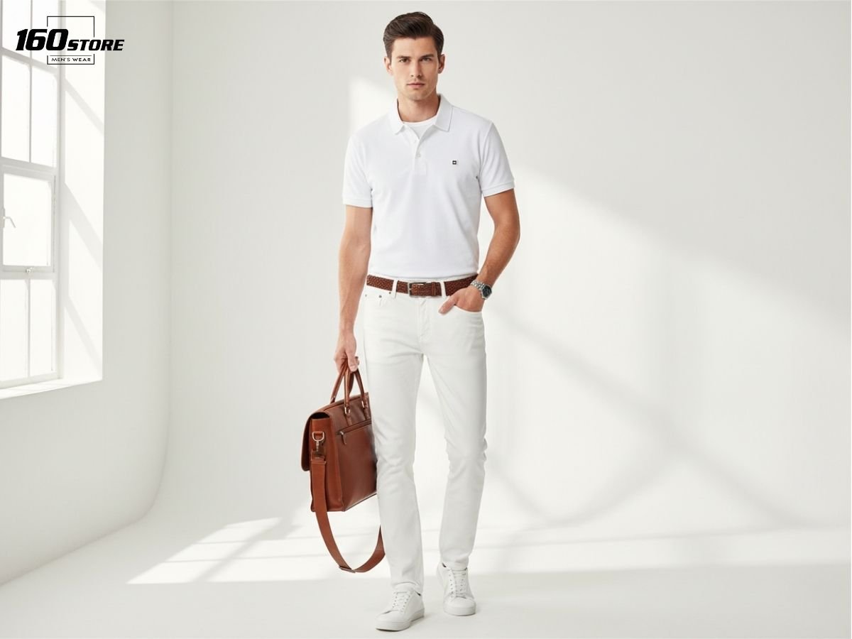 Phong cách white on white với quần jeans trắng