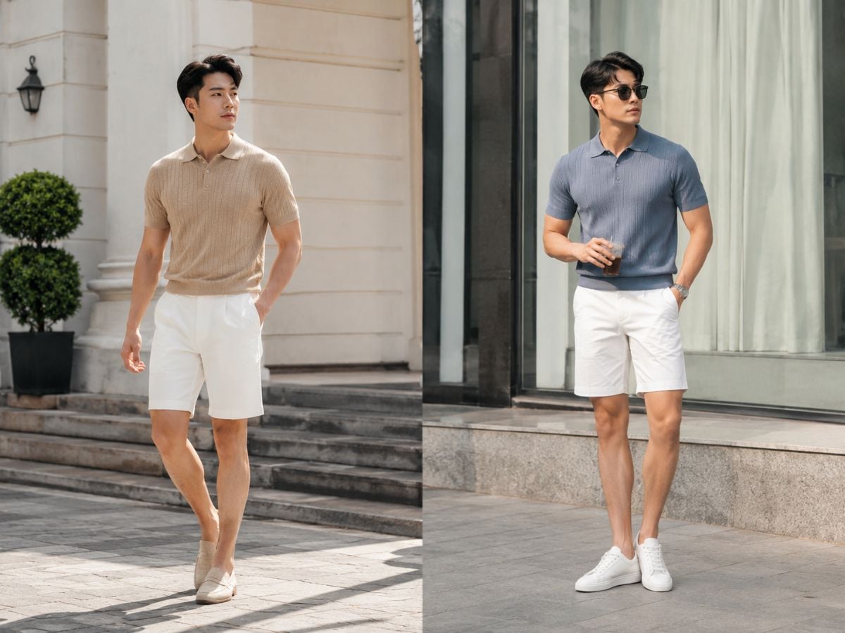 Polo dệt kim phối short trắng hoặc be tạo vẻ ngoài lịch sự, tinh tế