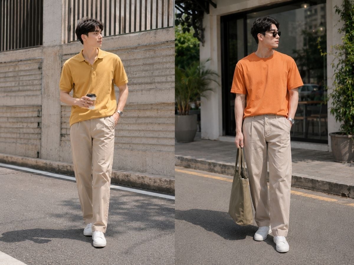 Áo vàng mustard hoặc cam đất tạo điểm nhấn trên nền quần be trung tính