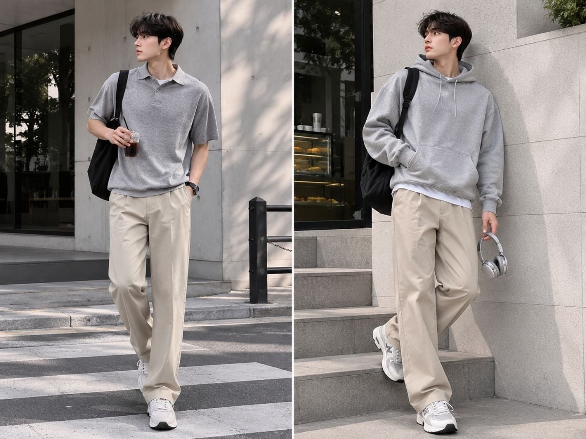 Quần be phối áo xám giữ tổng thể trung tính, phù hợp casual và smart casual