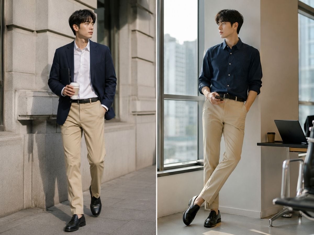Quần be phối blazer hoặc sơ mi navy phù hợp công sở và smart casual