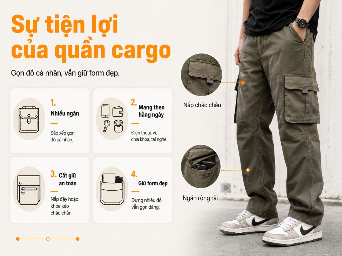 Quần cargo thiết kế túi tiện lợi, thông minh