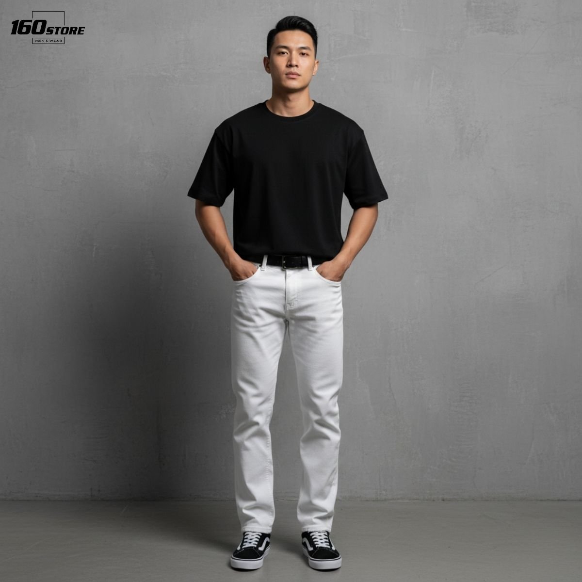 Phong cách basic áo thun đen và quần jeans trắng