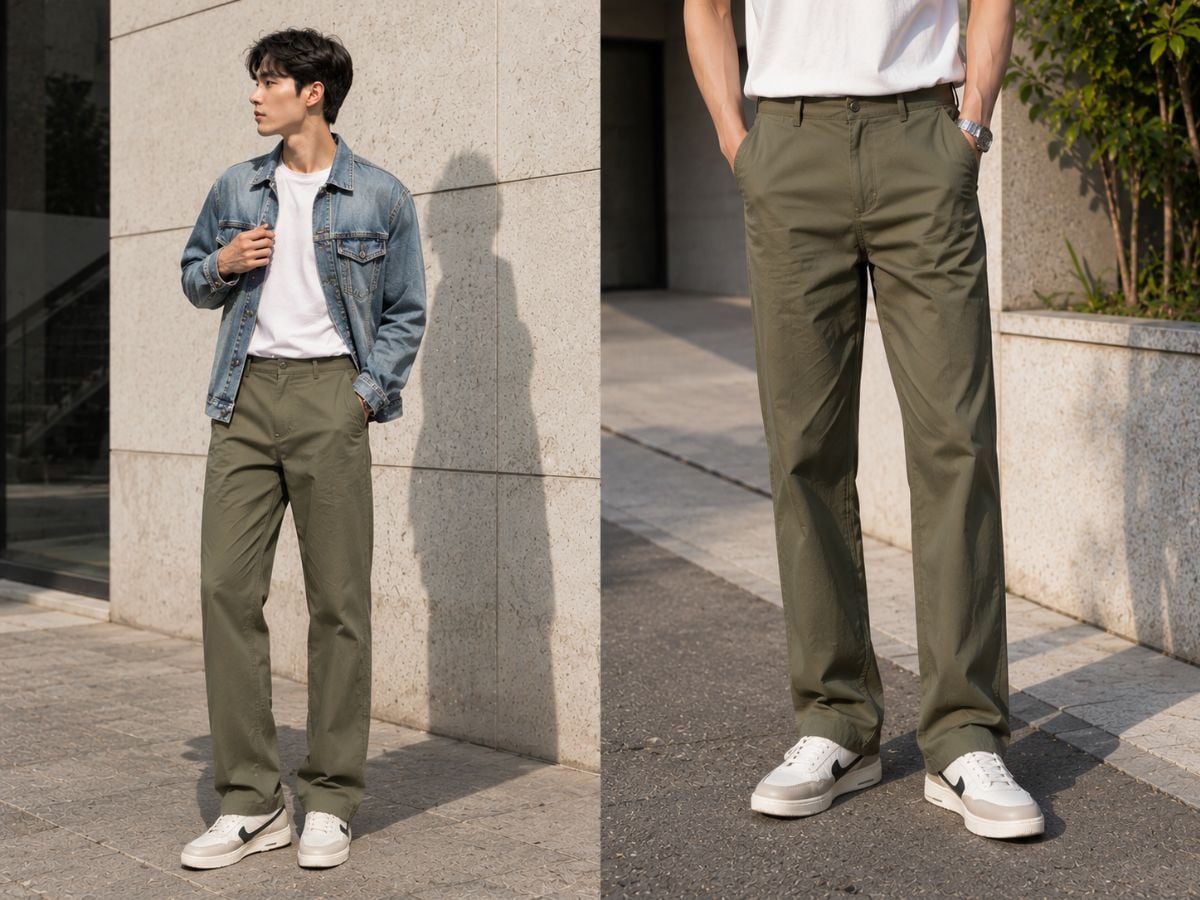 Quần kaki xanh rêu phối áo thun và denim jacket cho phong cách casual gọn gàng