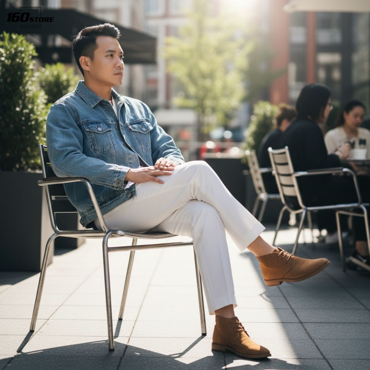 Phong cách bụi bặm với áo khoác denim và quần trắng
