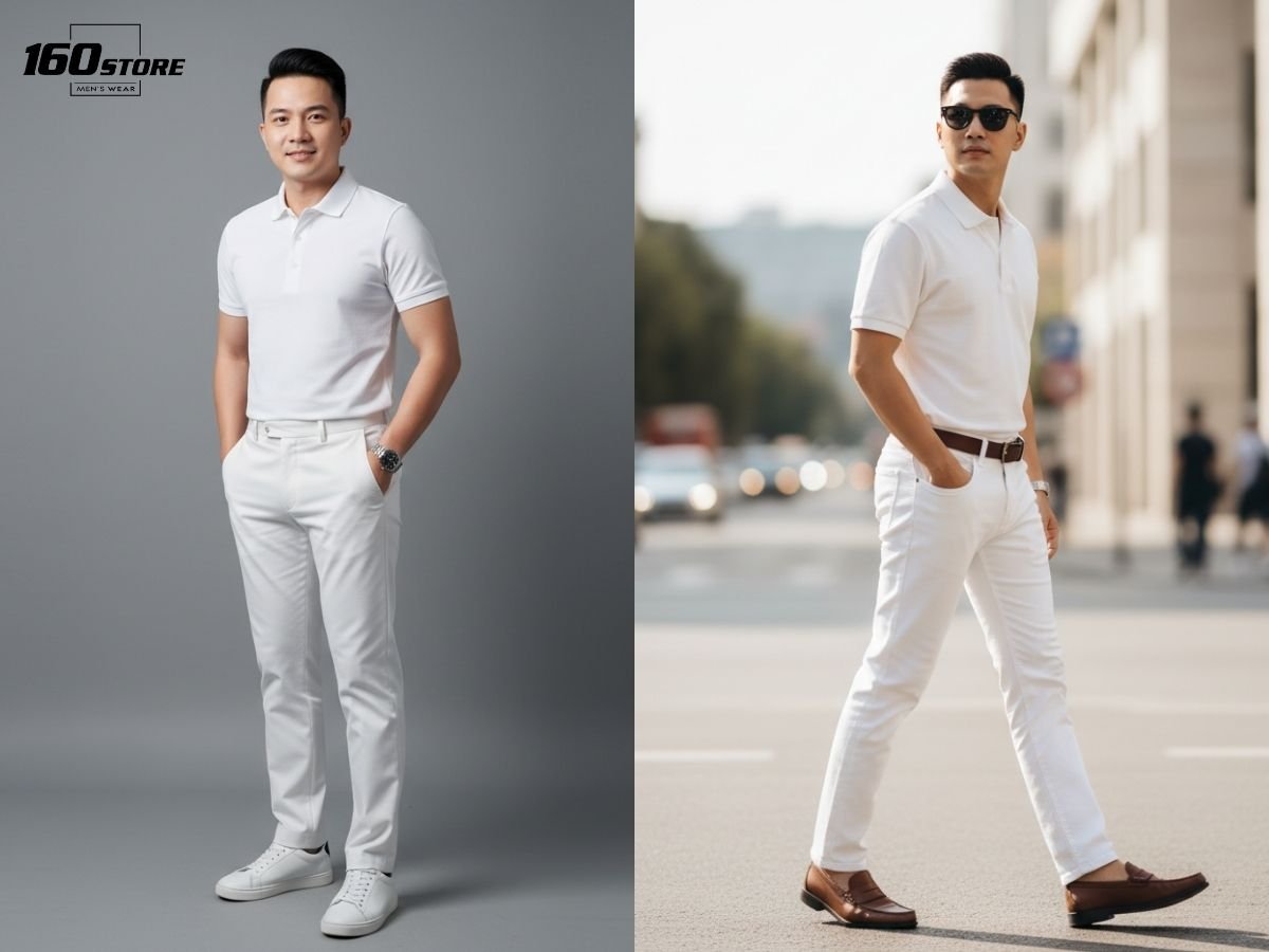Phong cách thanh lịch với áo polo trắng và quần jeans trắng