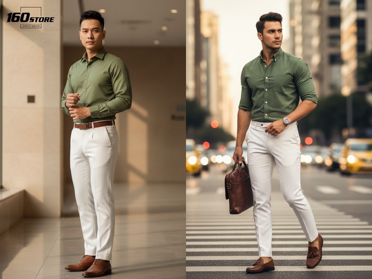 Phối sơ mi xanh rêu với quần tây trắng lịch sự, phong cách