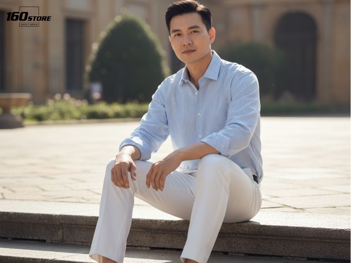 Quần trắng phối áo sơ mi sọc xanh trắng