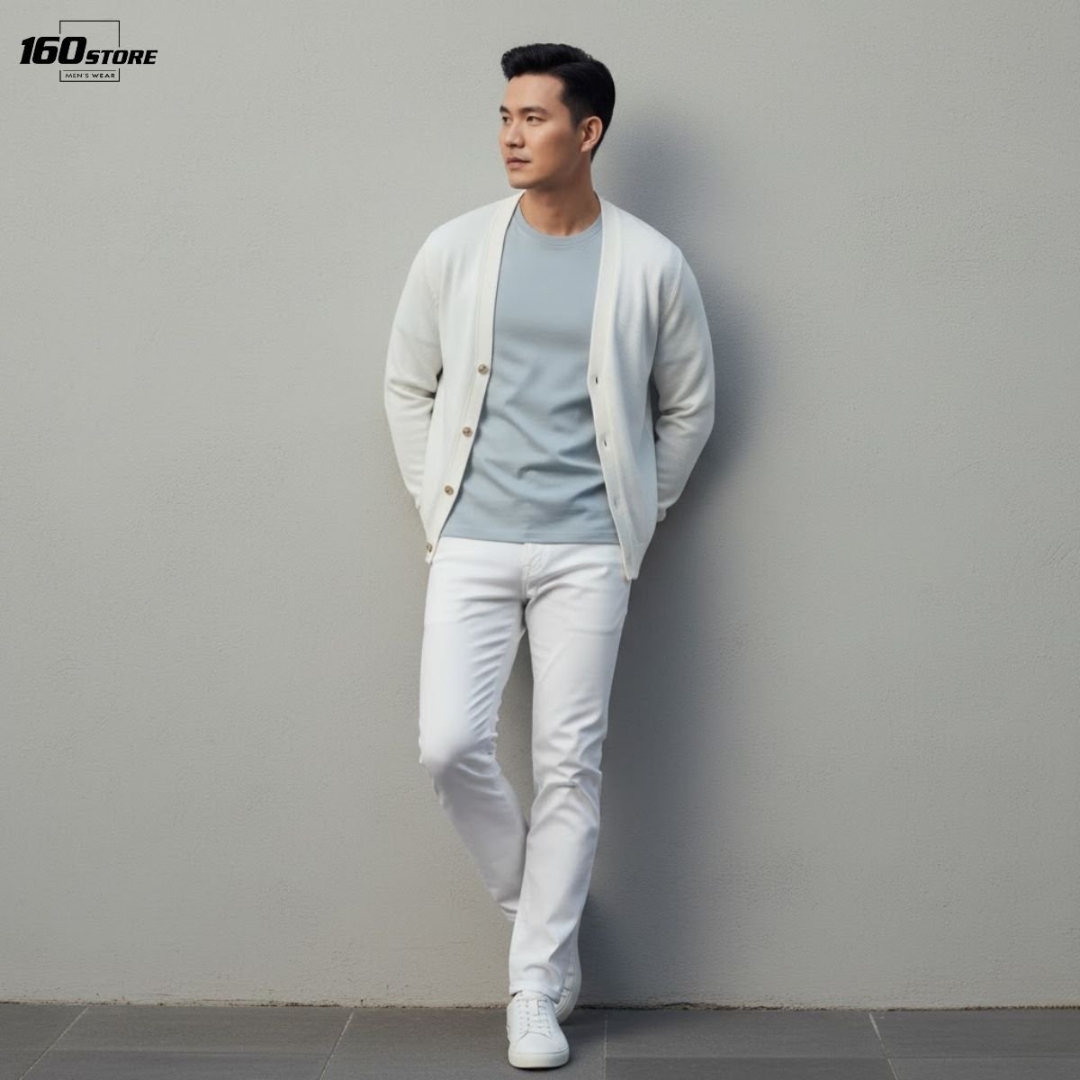 Outfit mùa đông quần jeans trắng, áo thun và cardigan