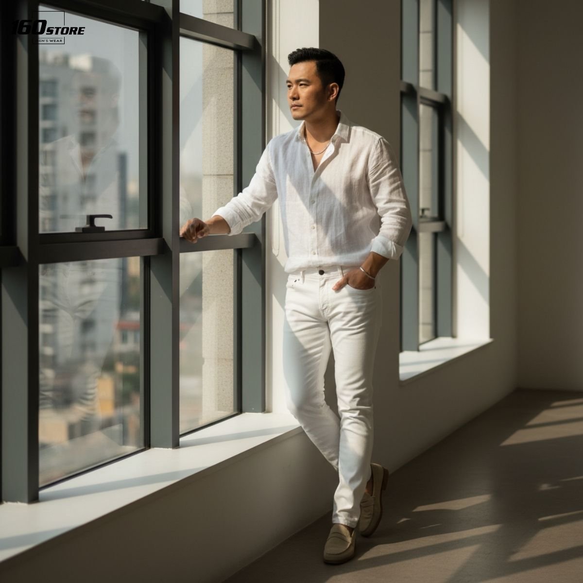 Quần jeans trắng phối cùng áo sơ mi linen