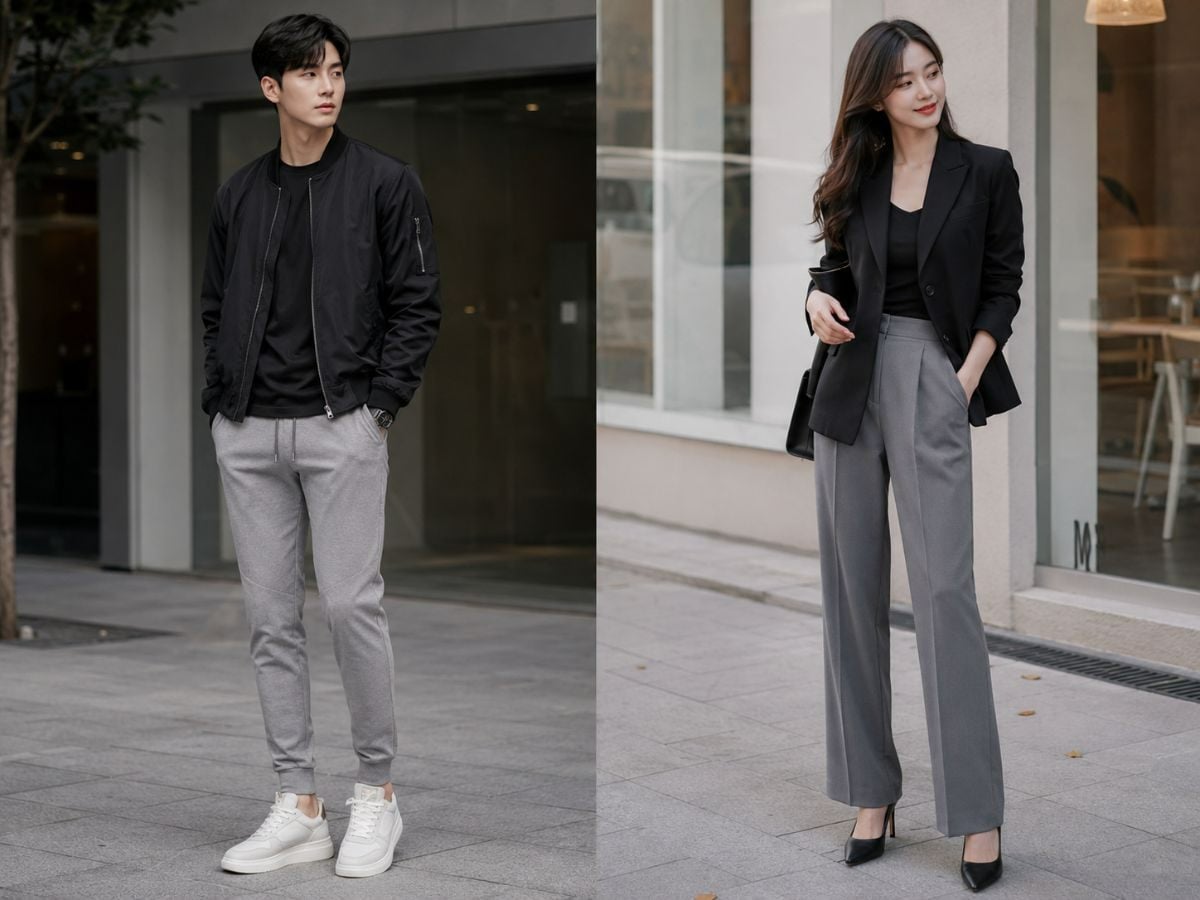 Quần xám phối áo đen tạo độ tương phản rõ và phù hợp phong cách tối giản