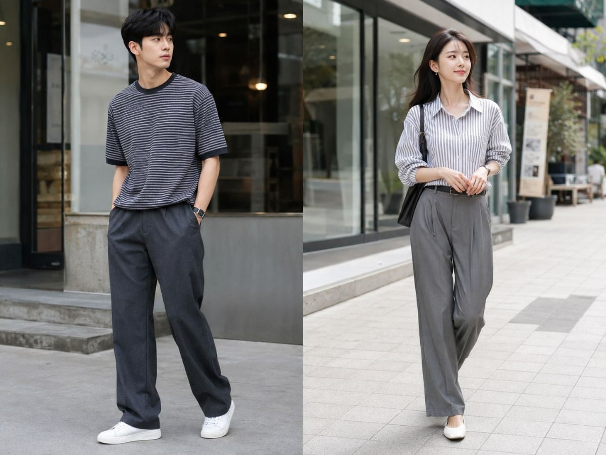 Quần xám phối áo họa tiết kẻ sọc giúp outfit bớt đơn điệu khi đi chơi hoặc dạo phố