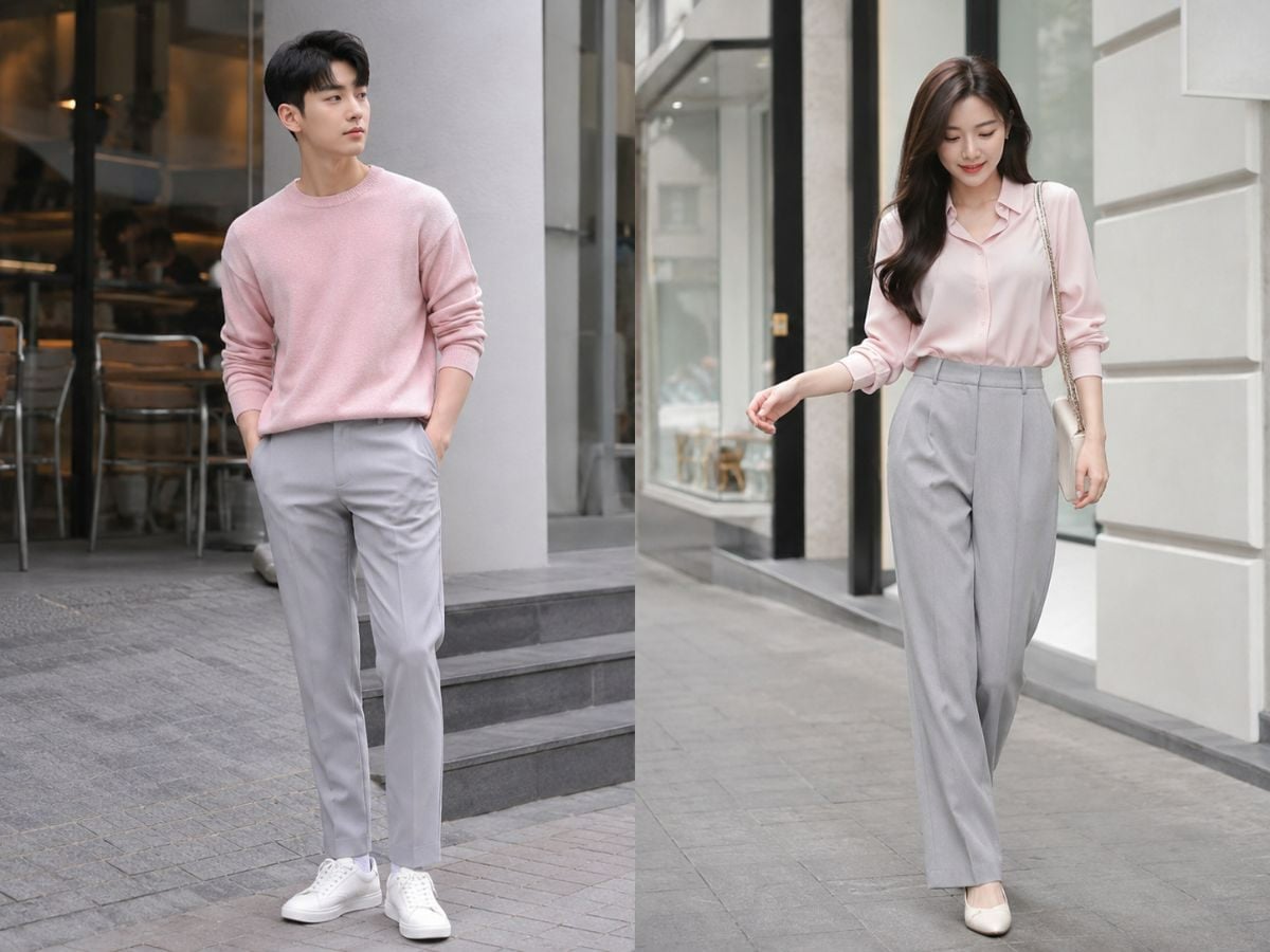Quần xám phối áo pastel giúp tổng thể nhẹ nhàng, trẻ trung và cân bằng hơn