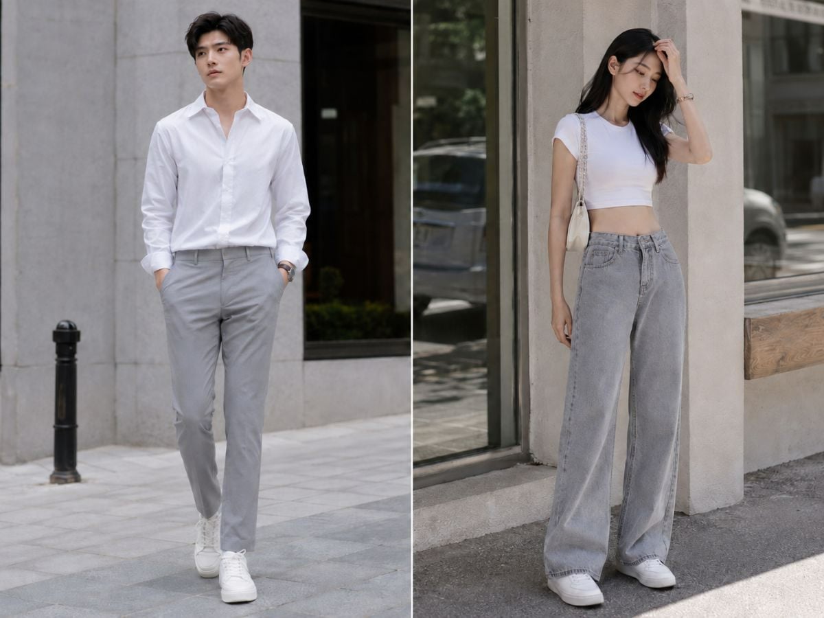 Quần xám phối áo trắng tạo tổng thể sáng, gọn gàng và dễ ứng dụng