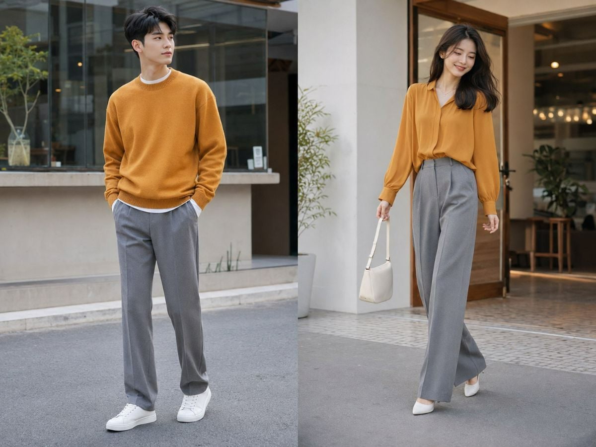 Quần xám phối áo vàng mustard hoặc cam tạo điểm nhấn màu sắc rõ ràng