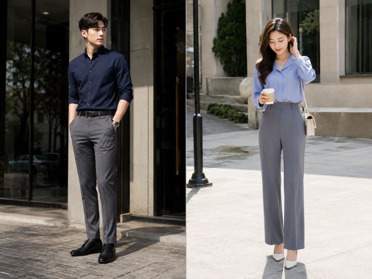 Quần xám phối áo xanh navy mang lại vẻ chỉn chu, phù hợp môi trường công sở