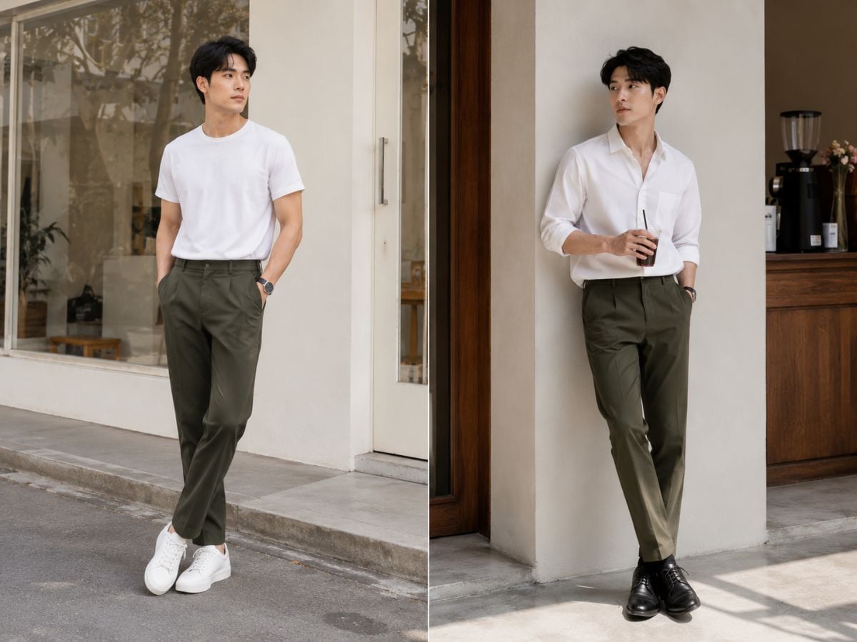 Quần xanh rêu phối áo trắng tạo outfit sáng, gọn và dễ ứng dụng hằng ngày