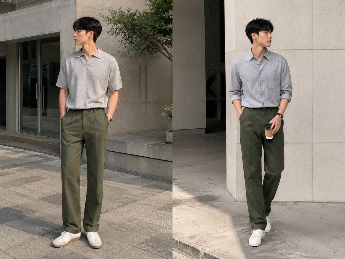 Quần xanh rêu phối áo xám phù hợp phong cách smart-casual và trang phục đi làm
