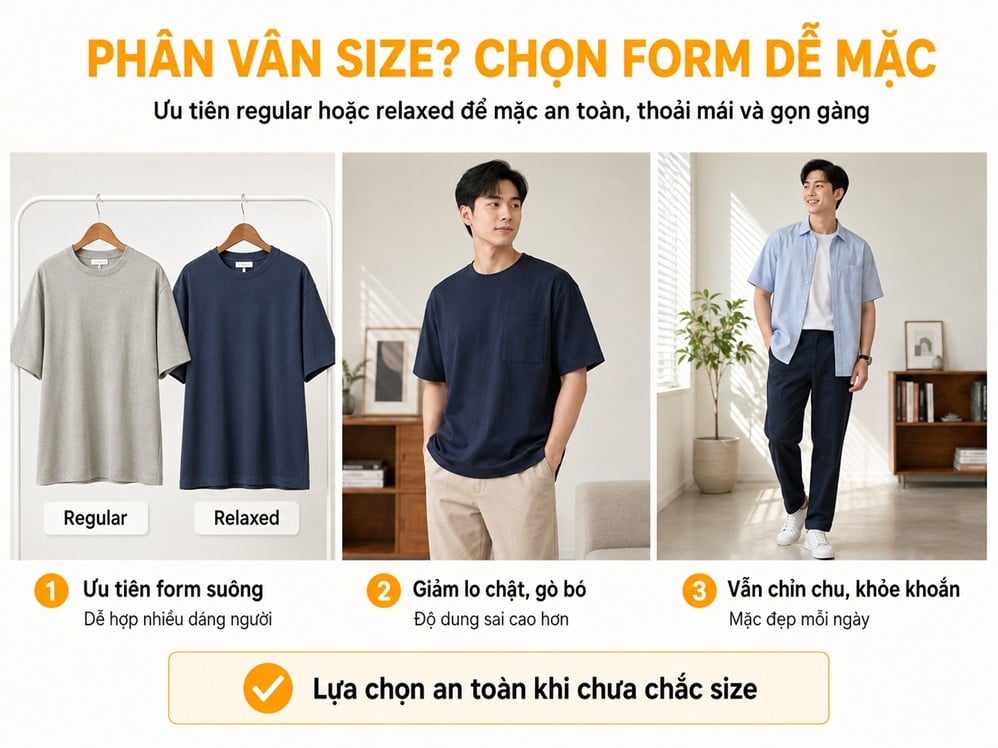 Regular và relaxed fit thường dễ mặc hơn khi chưa chắc chắn về size