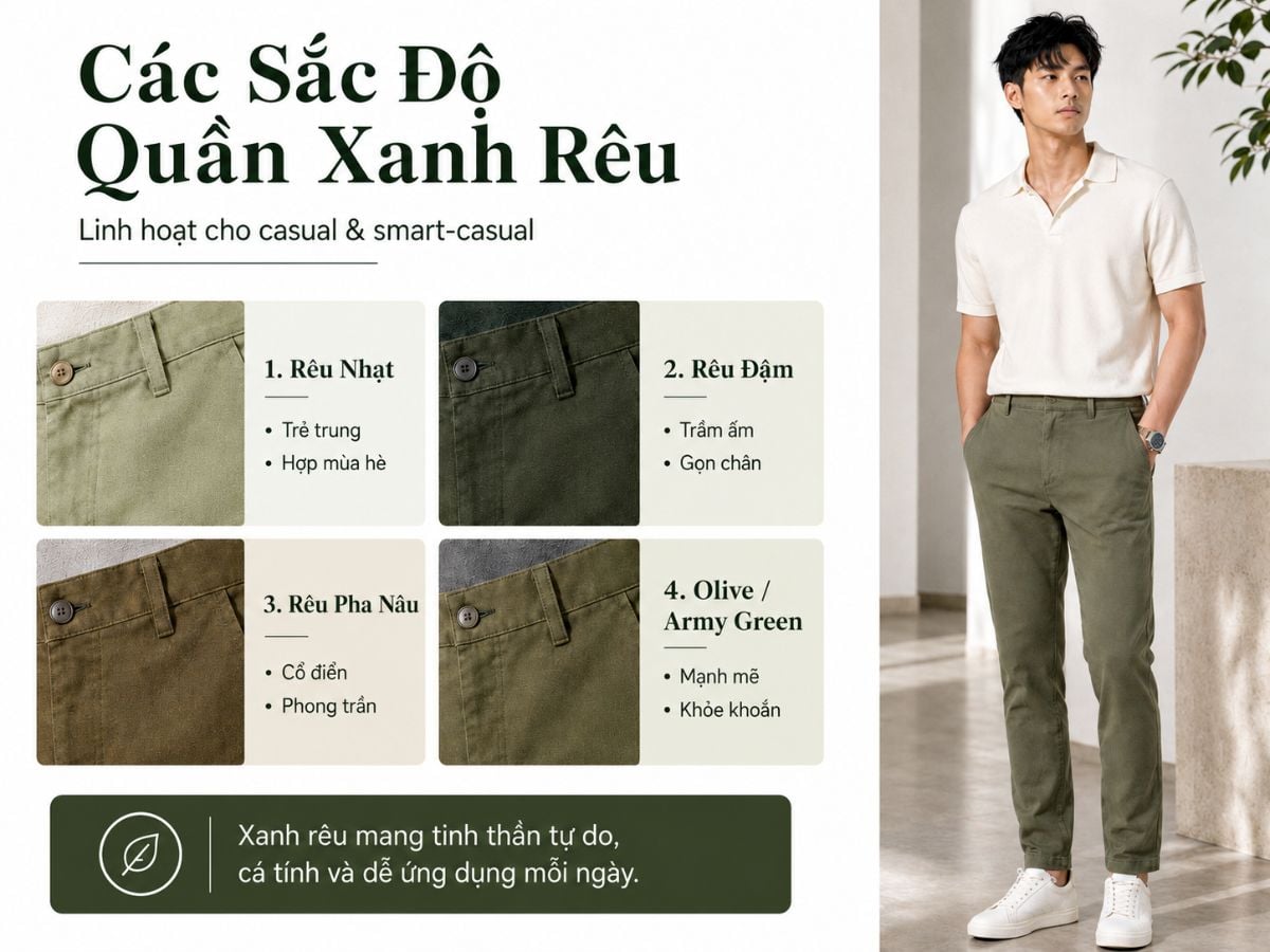 Xanh rêu mang sắc thái trầm nam tính và phù hợp với casual lẫn smart-casual