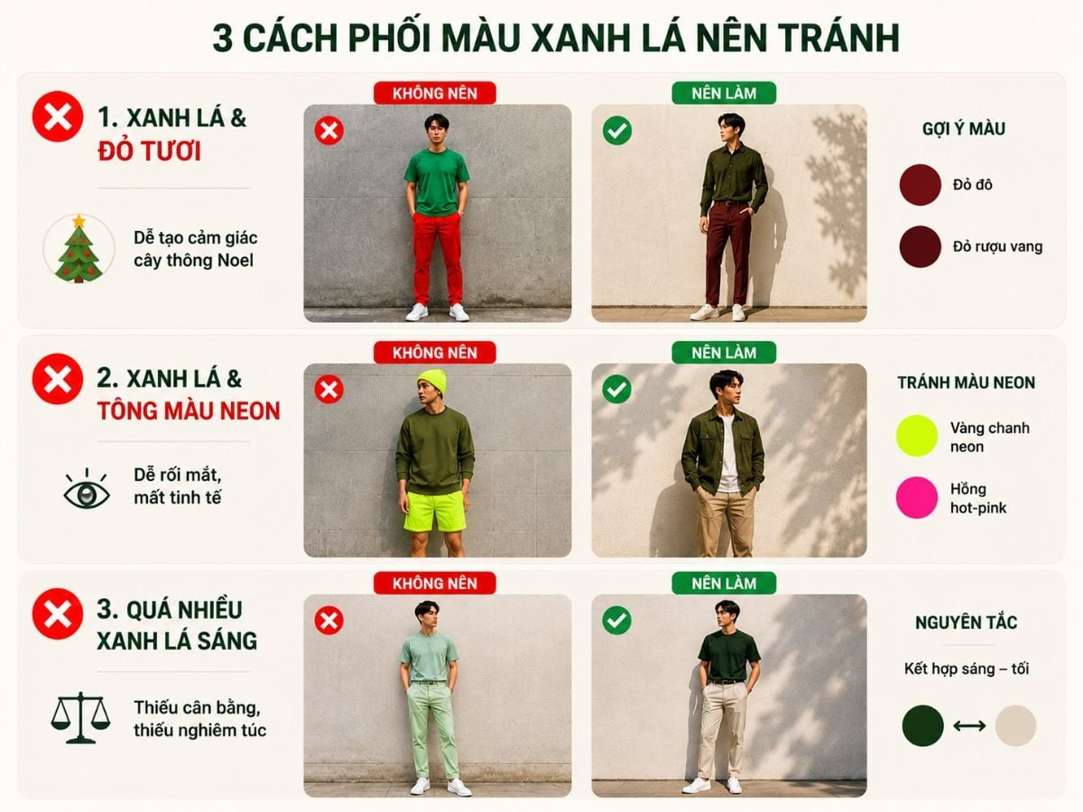 Màu sắc nên tránh khi phối tông màu xanh lá