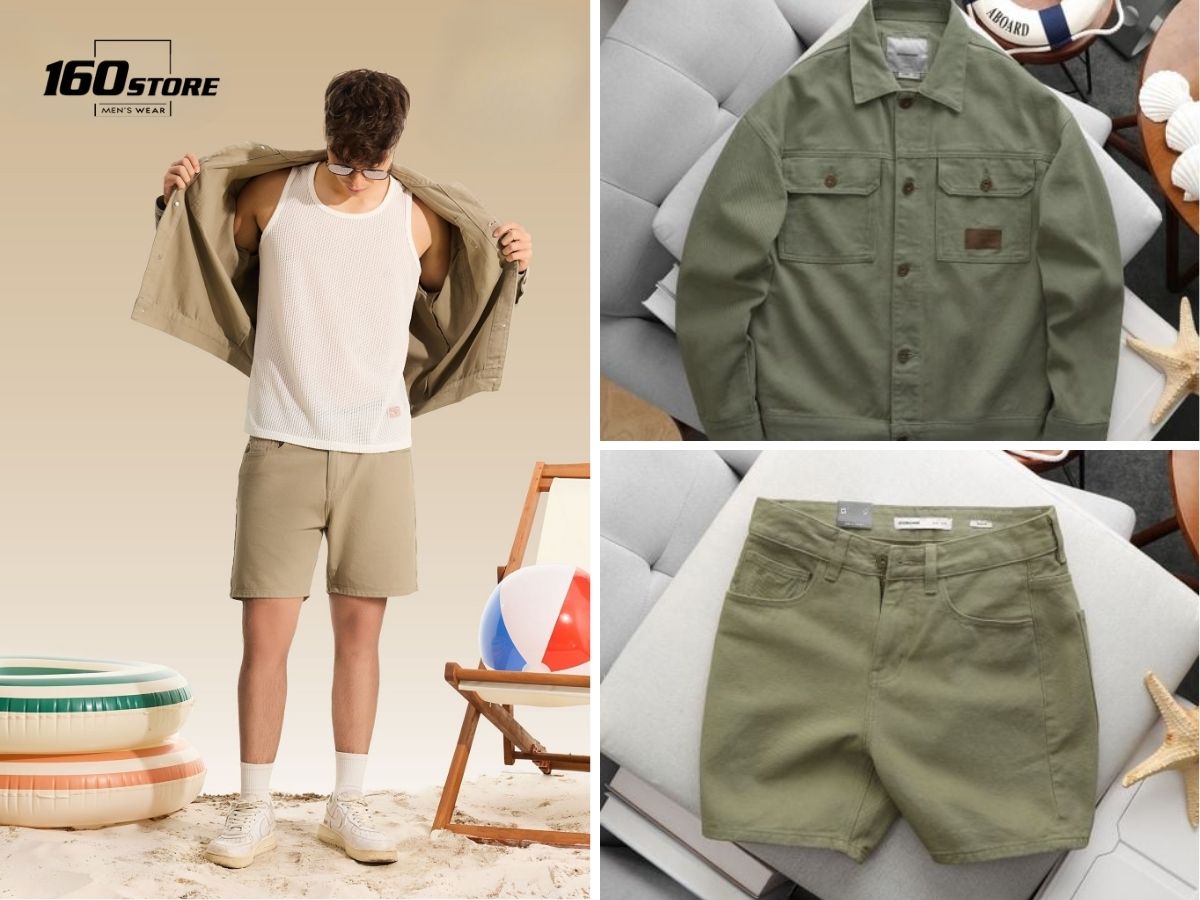 Set đồ utility với jacket túi hộp và quần short kaki đồng màu