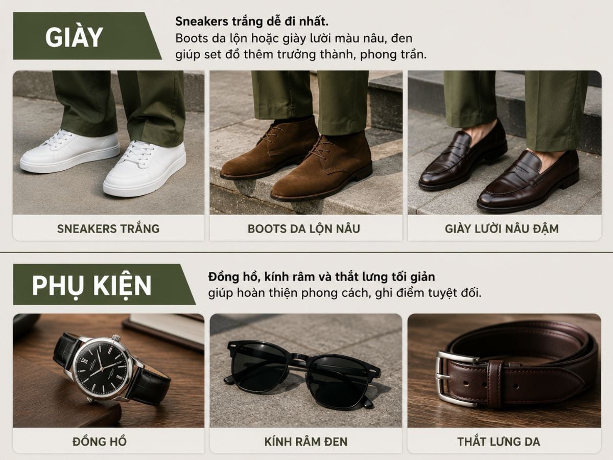 Sneakers trắng, giày da và phụ kiện tối giản giúp hoàn thiện outfit với quần xanh rêu