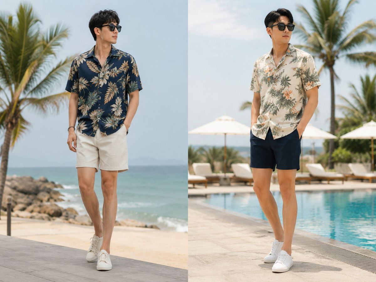 Sơ mi họa tiết cùng quần short trơn phù hợp du lịch biển, dạo phố