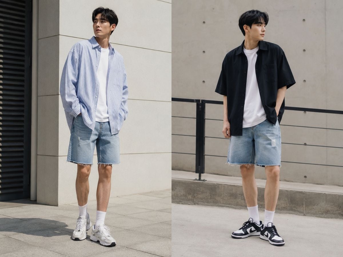 Sơ mi oversize layer cùng quần short jeans mang nét streetwear trẻ trung