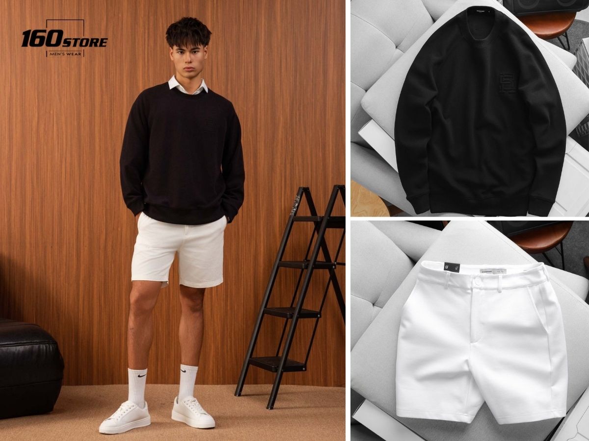 Sweatshirt phối sơ mi cổ bên trong và quần short kaki