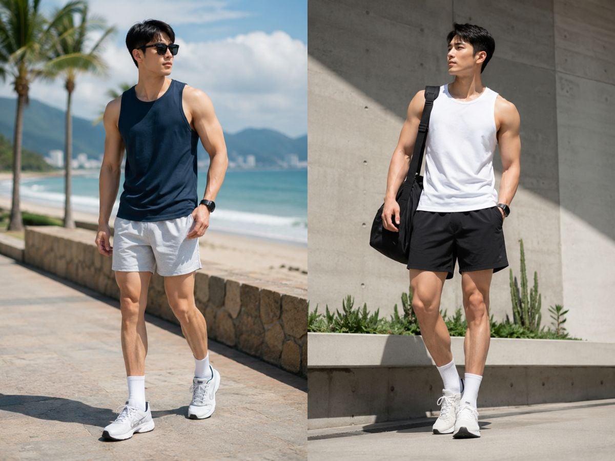 Tank top và quần short dù tạo outfit khỏe khoắn cho dạo biển, luyện tập