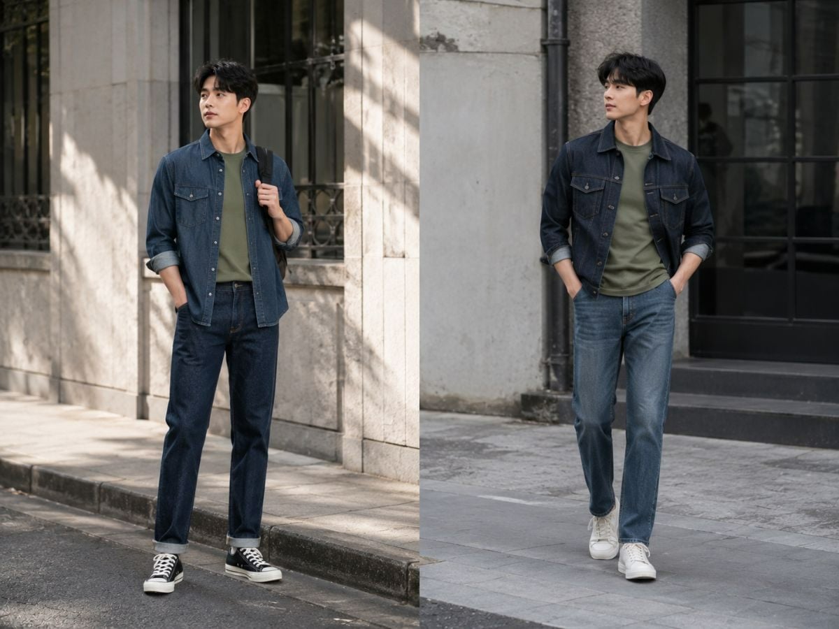 Denim xanh tạo khác biệt về texture, giúp sắc xanh lá trông tự nhiên hơn