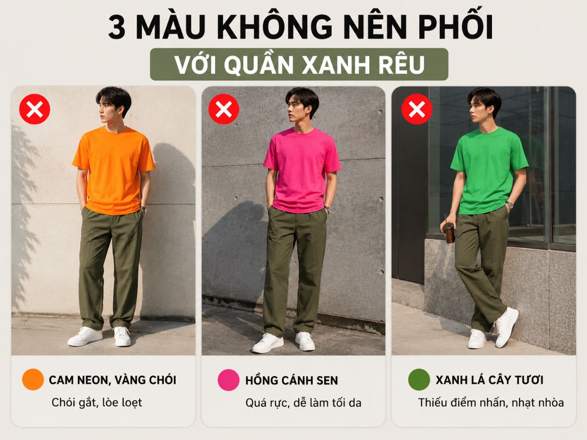 Một số màu áo quá chói hoặc quá gần sắc xanh rêu có thể khiến tổng thể thiếu cân bằng