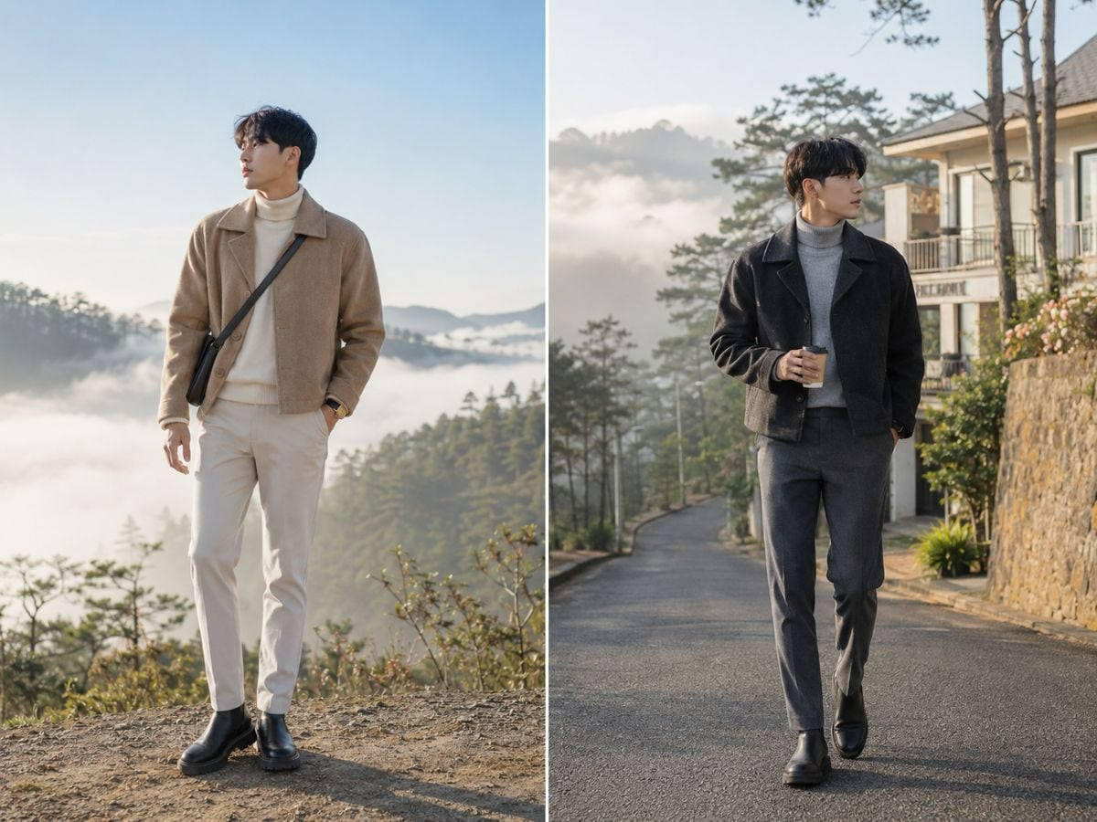 Outfit săn mây Đà Lạt với áo len cổ lọ và áo dạ lửng