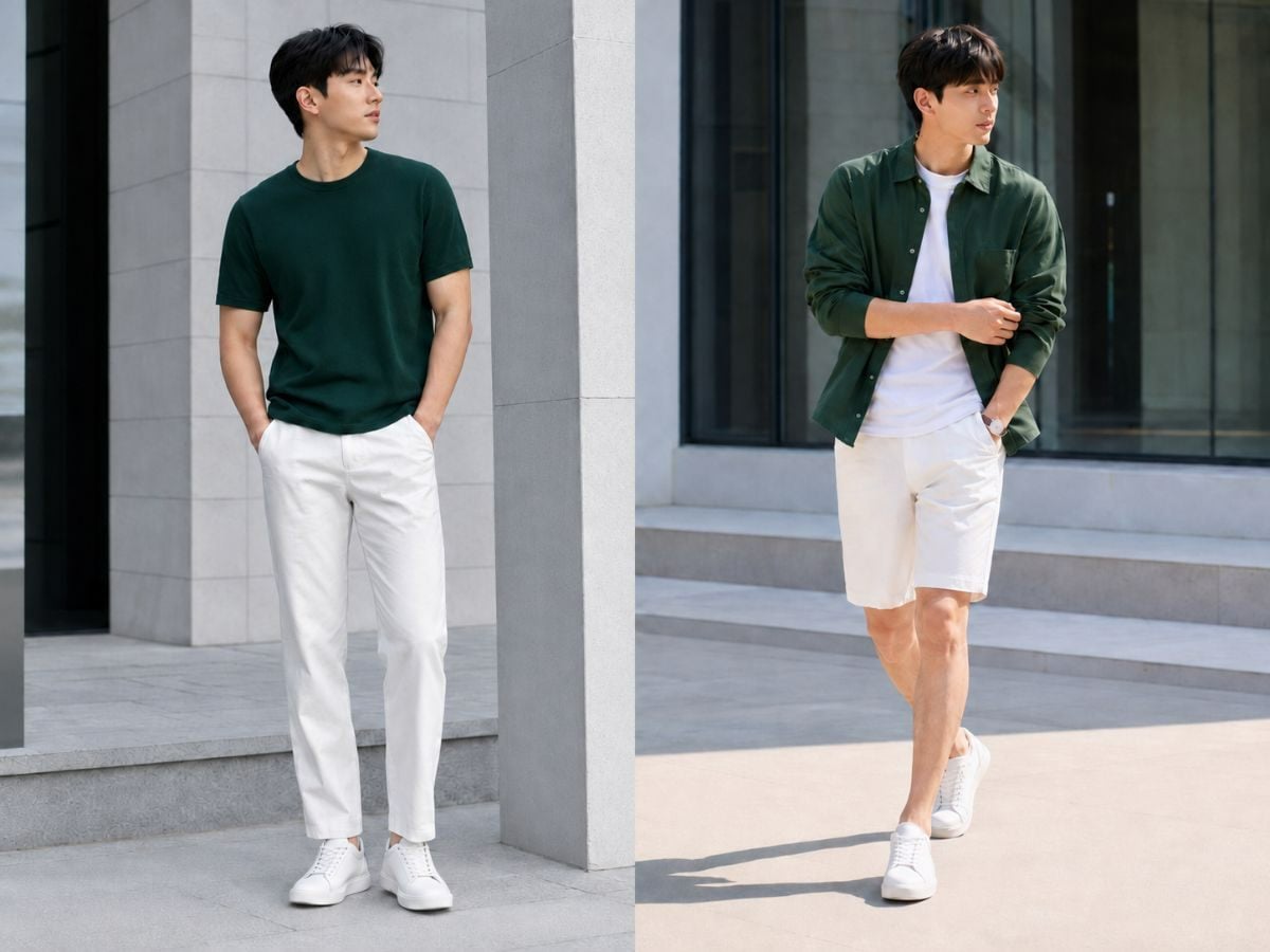 Xanh lá đậm đi cùng quần trắng