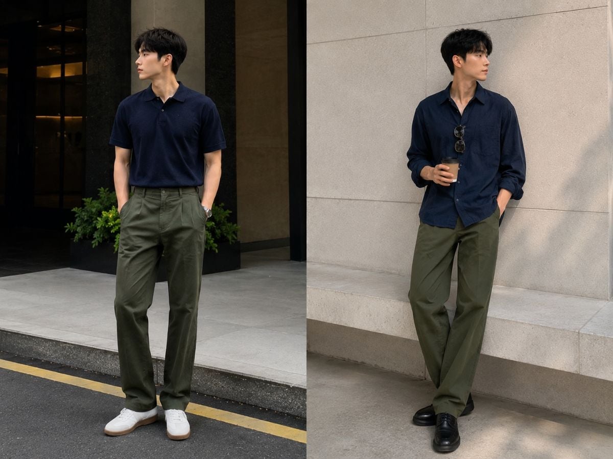 Navy và olive tạo bảng màu trầm vừa phải