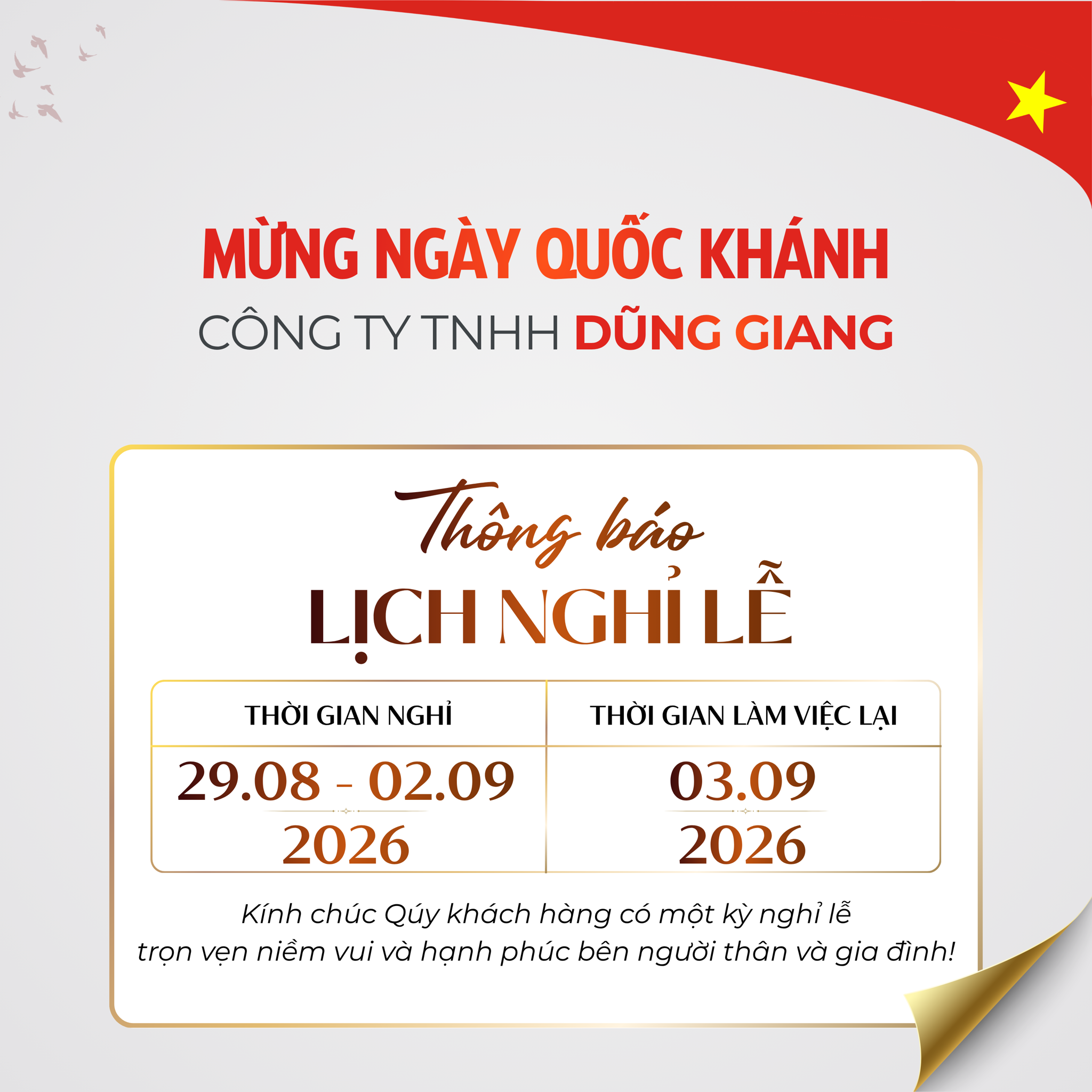THÔNG BÁO NGHỈ LỄ QUỐC KHÁNH 2/9/2026