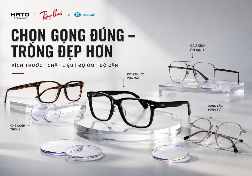 Các mẫu gọng kính Ray-Ban kết hợp tròng Essilor, minh họa cách chọn kích thước, chất liệu, độ ôm và độ cận phù hợp.