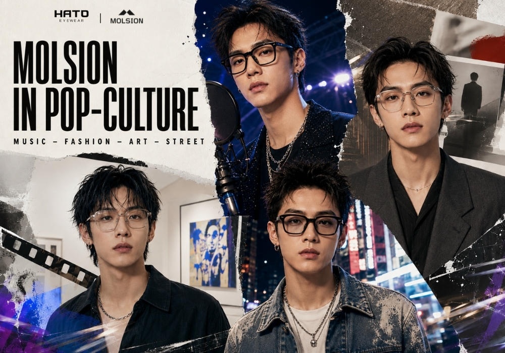 Người mẫu châu Á đeo gọng kính Molsion trong không gian âm nhạc, thời trang, nghệ thuật và street style hiện đại.