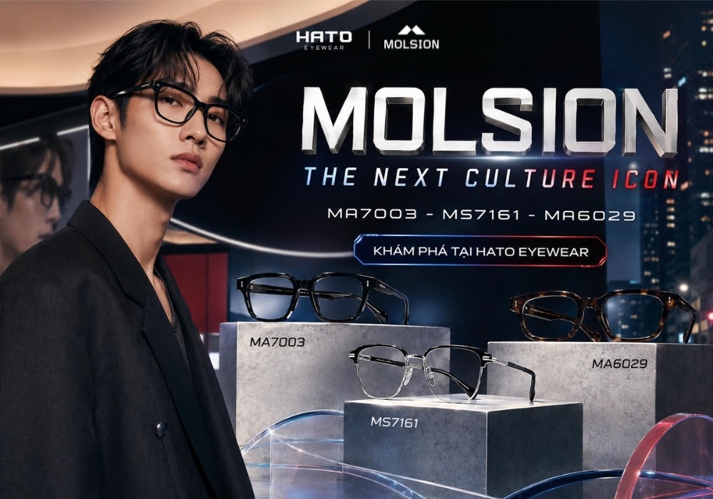 Molsion The Next Culture Icon với ba mẫu gọng kính MA7003, MS7161 và MA6029 được trưng bày trong không gian thời trang cao cấp tại Hato Eyewea