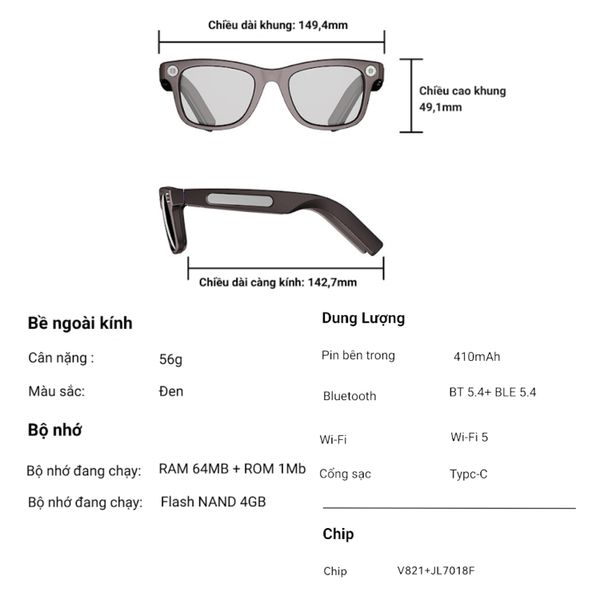 Kính Thông Minh Aison 696 AG01 Dịch Thuật AI, Camera 08, Hộp Sạc, Tuyển Phát Wifi, Nghe Gọi