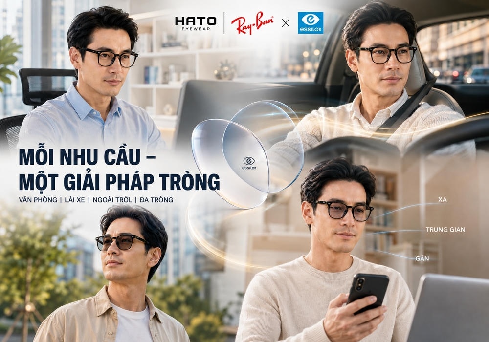 Người mẫu đeo kính Ray-Ban lắp tròng Essilor cho nhu cầu văn phòng, lái xe, ngoài trời và kính đa tròng.
