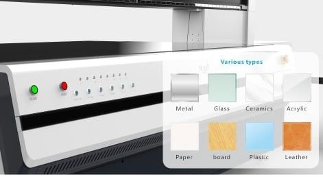 In Kính  Gỗ  PVC  Formex  Kim loại  Gốm sứ  Da  Và nhiều vật liệu phẳng khác