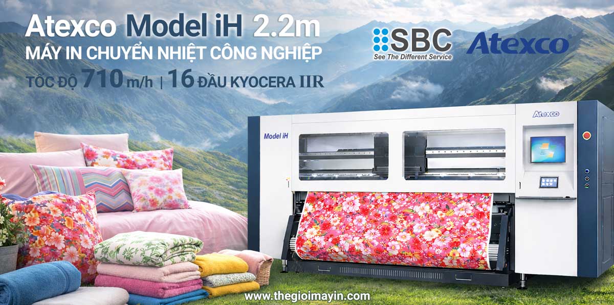 máy in chăn ga gối nệm khổ 2m2 công nghiệp Atexco model iH 2m2 16 đầu kyocera tuần hoàn trong