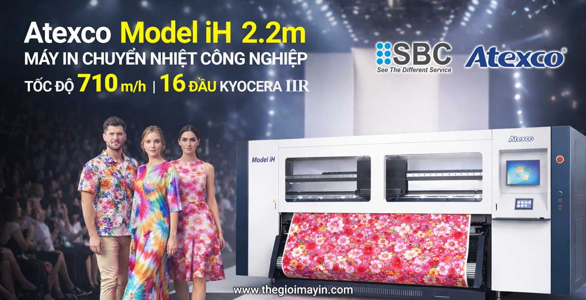 in thời trang hãng lớn máy in chuyển nhiệt khổ 2m2 công nghiệp Atexco model iH 2m2 16 đầu kyocera tuần hoàn trong